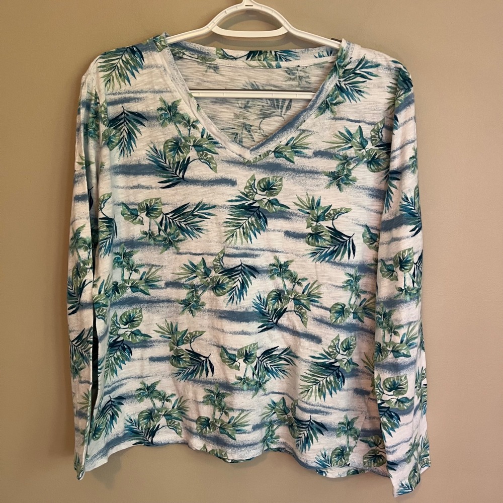Fresh Produce Tropical Palm V-Neck Long Sleeve Cotton Beach Resort Coastal L